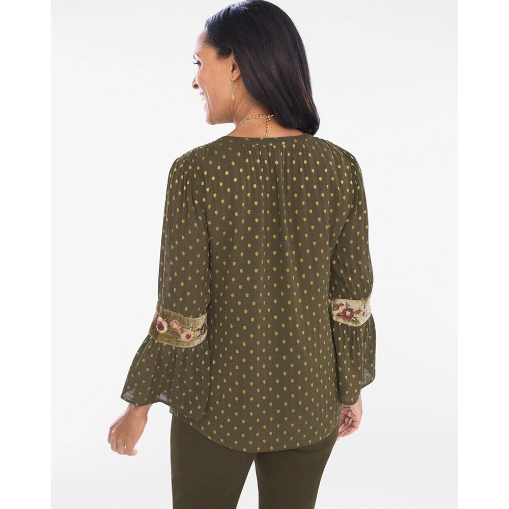 Chico's Dot Jacquard Peasant Top Green Gold Metallic Floral Size 2 12 H14724 - Picture 10 of 11